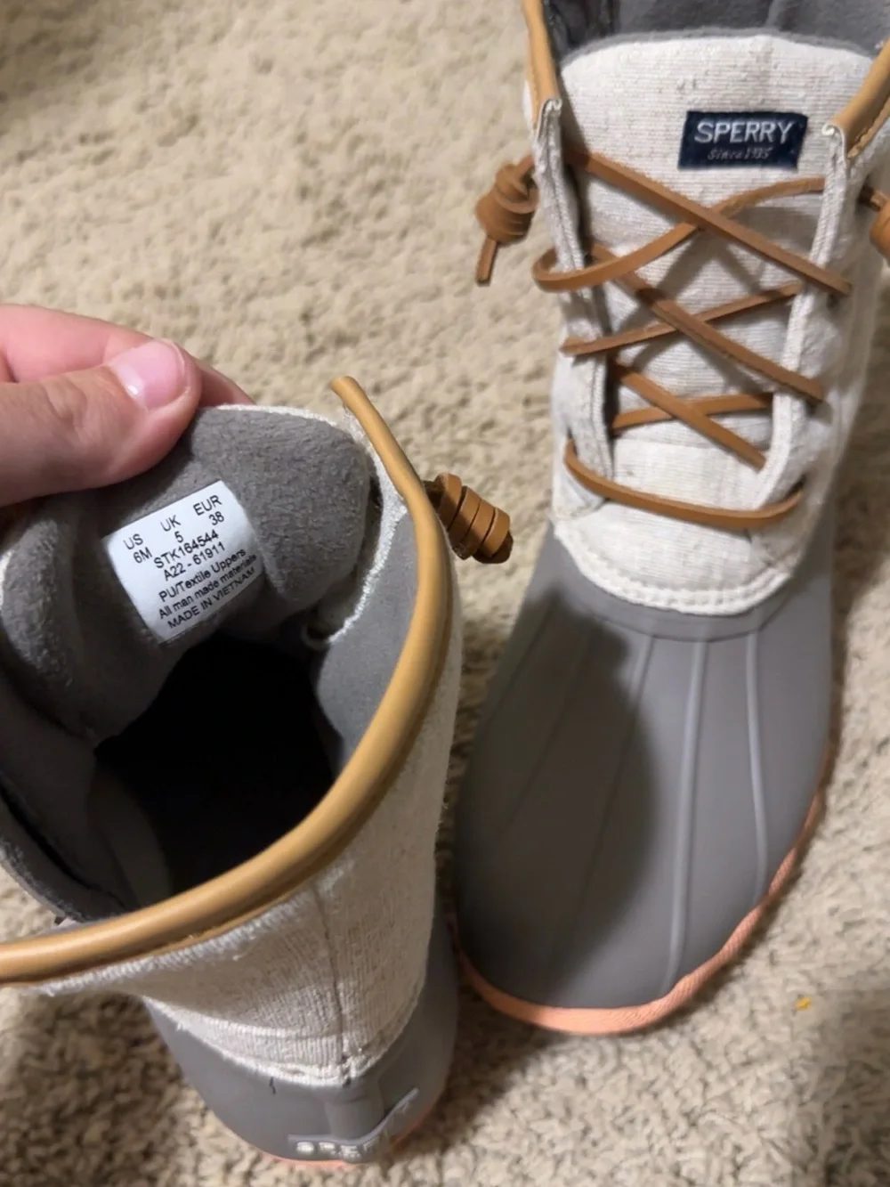 Sperry Gray and Tan Waterproof Duck Boots • size 6M